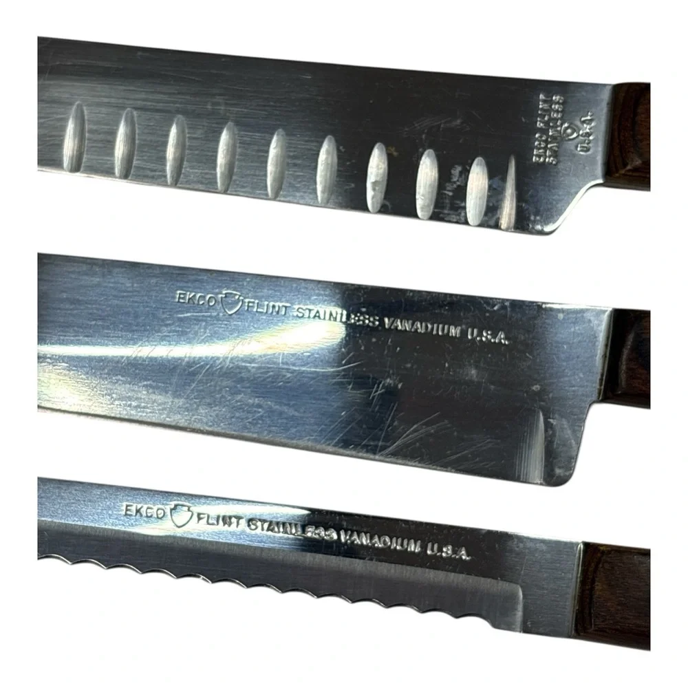 3 Vtg Ekco Flint Arrowhead Vanadium Ergonomic Wood Handle Carving Chef Knives